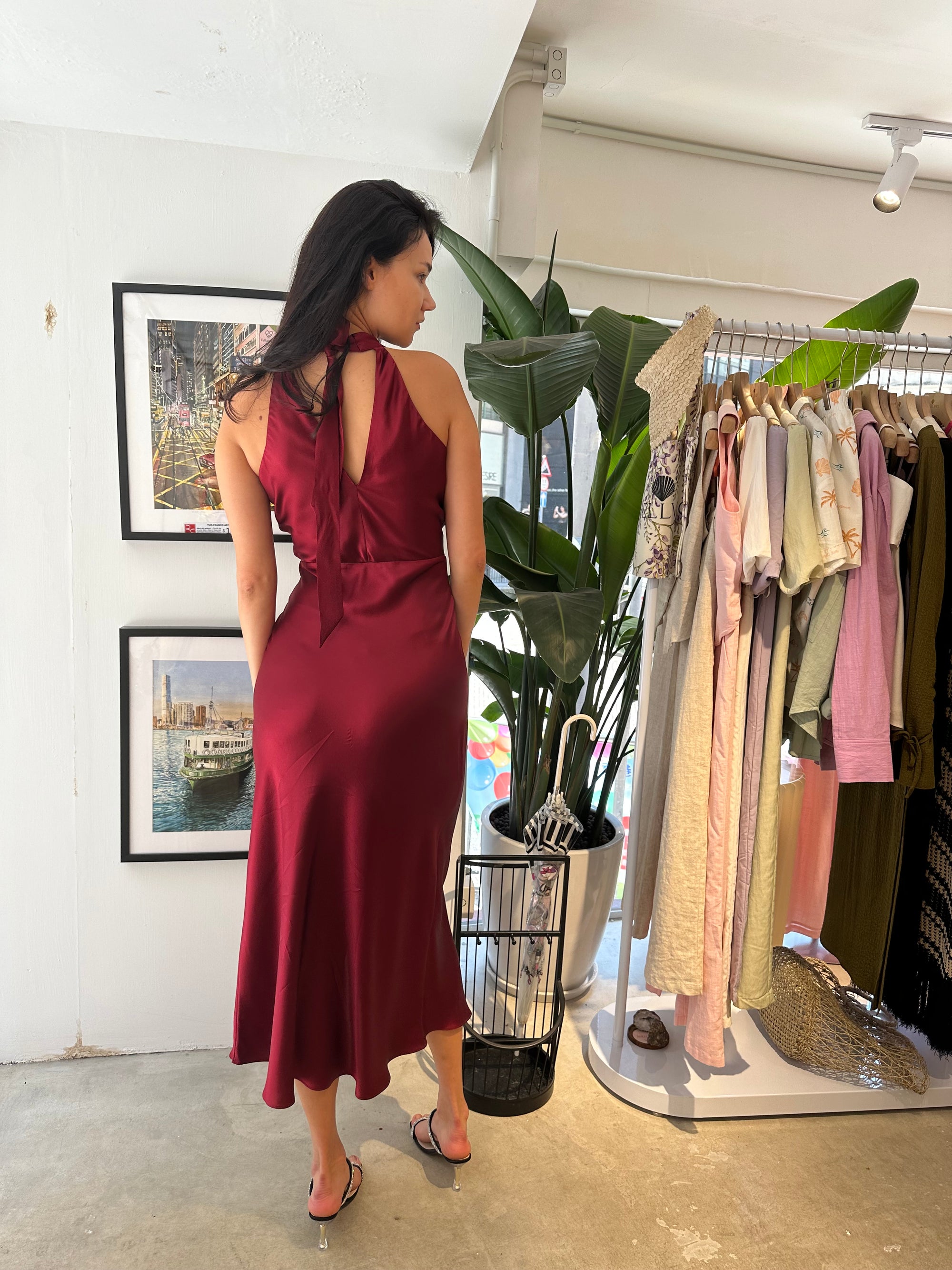 Burgundy halter ribbon maxi dress