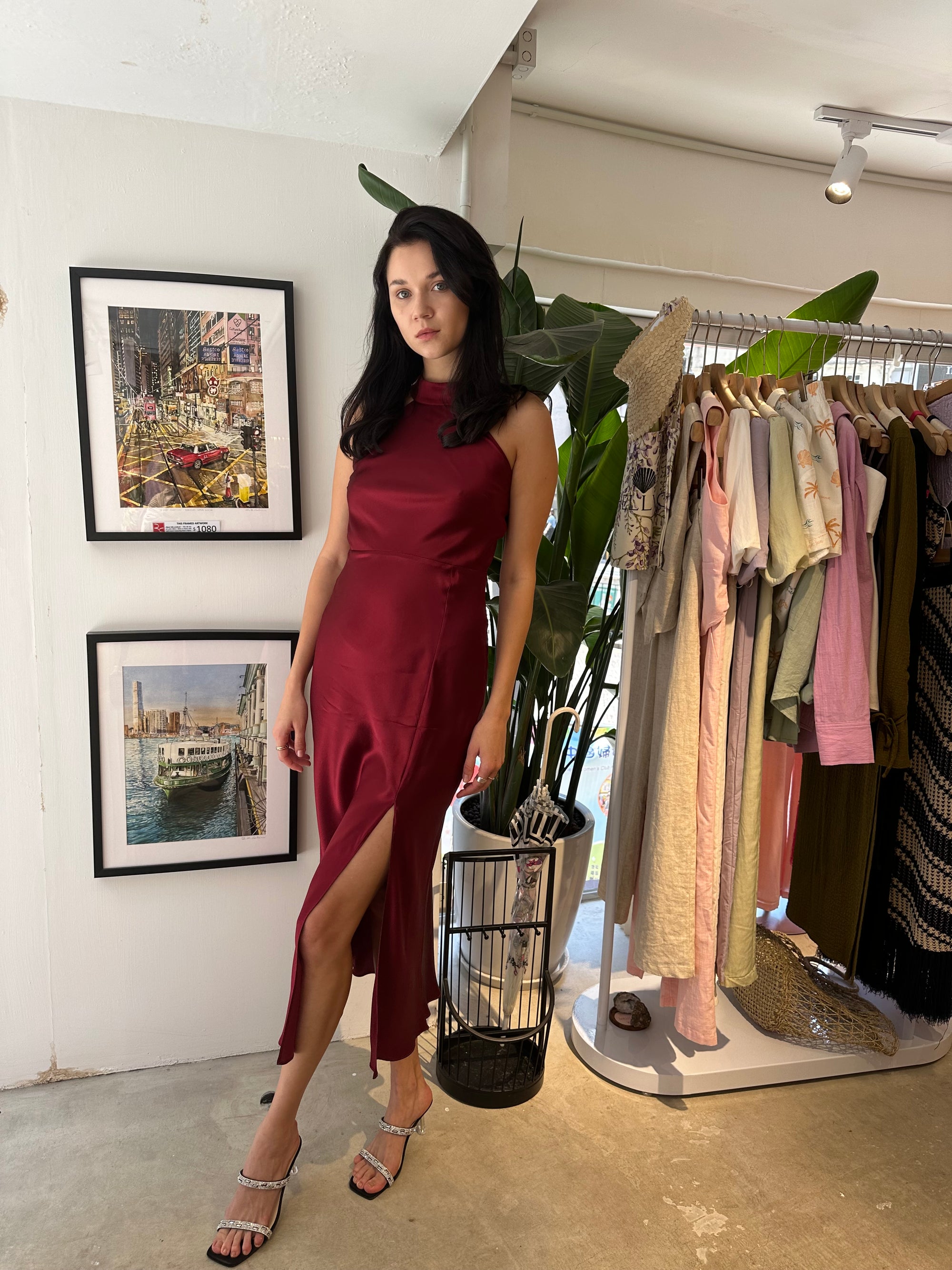 Burgundy halter ribbon maxi dress Burgundy halter ribbon maxi dress