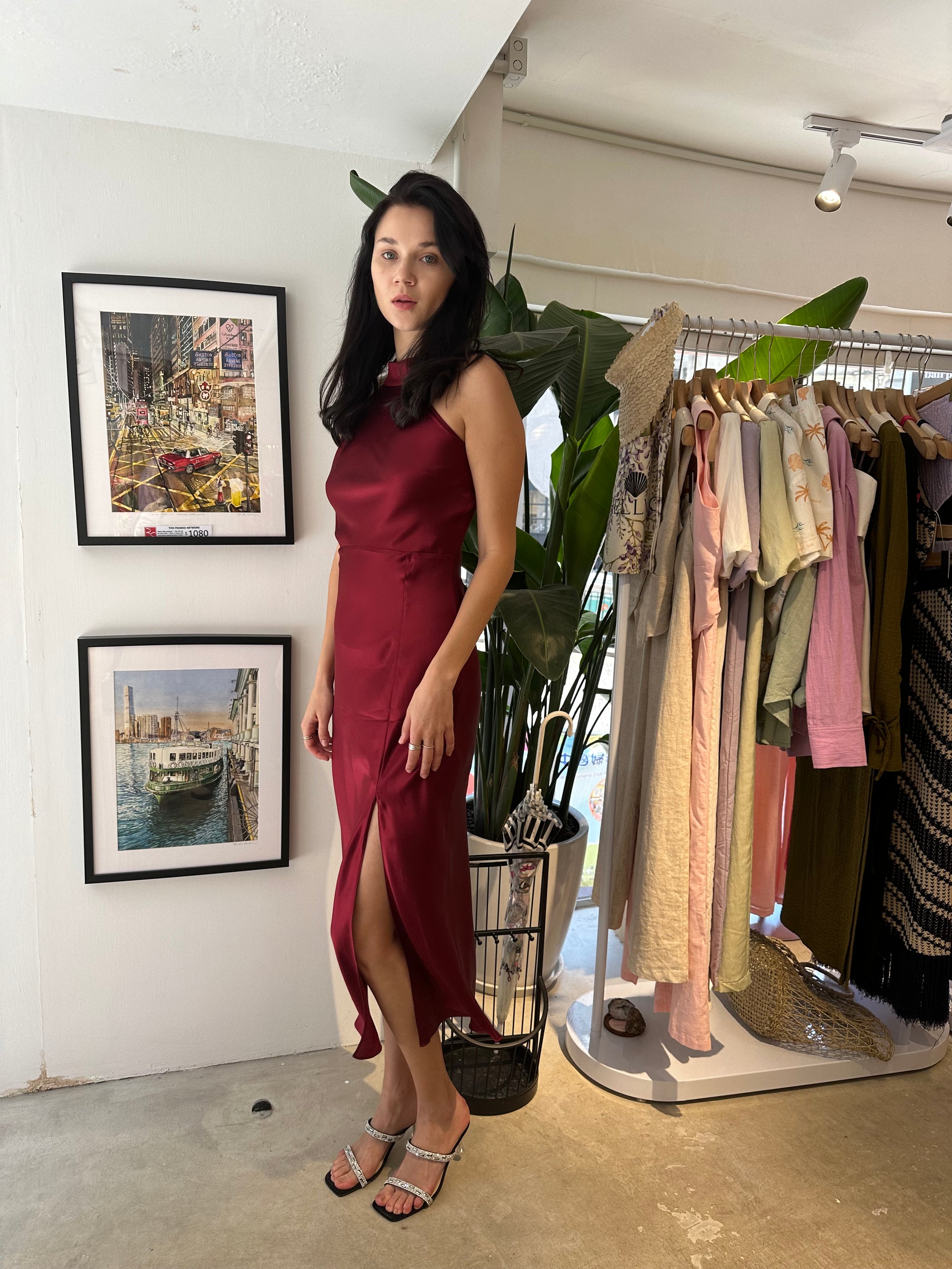 burgundy halter dress Burgundy halter ribbon maxi dress