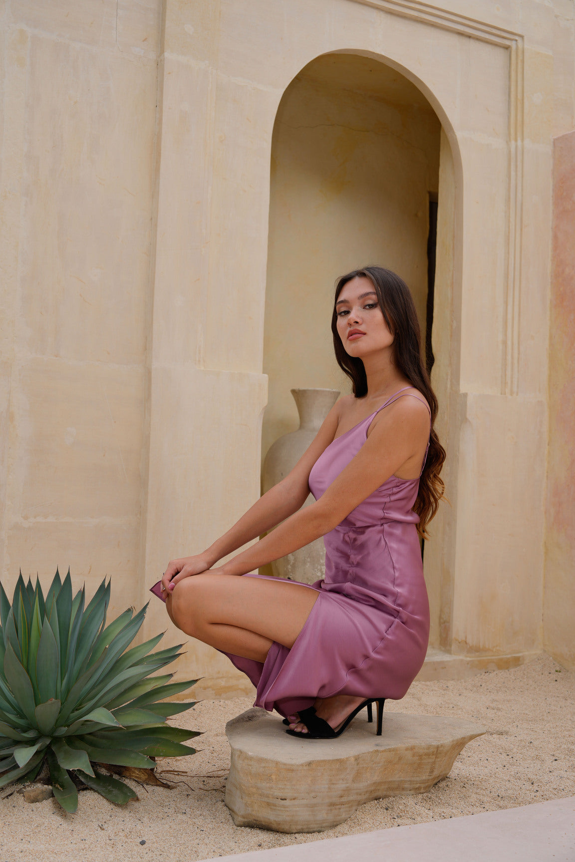 Blush Pink One-Shoulder Slit Dress