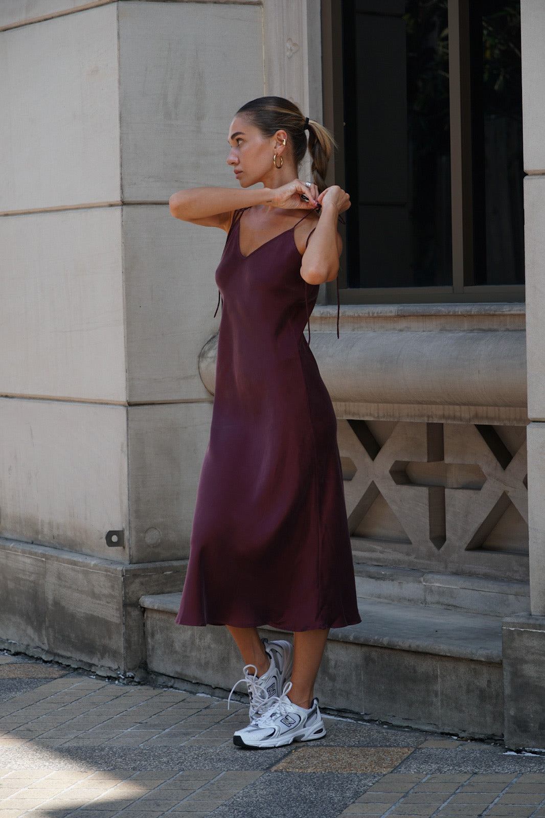 Burgundy 90S Tie Strap Long Dress Burgundy 90S Tie Strap Long Dress