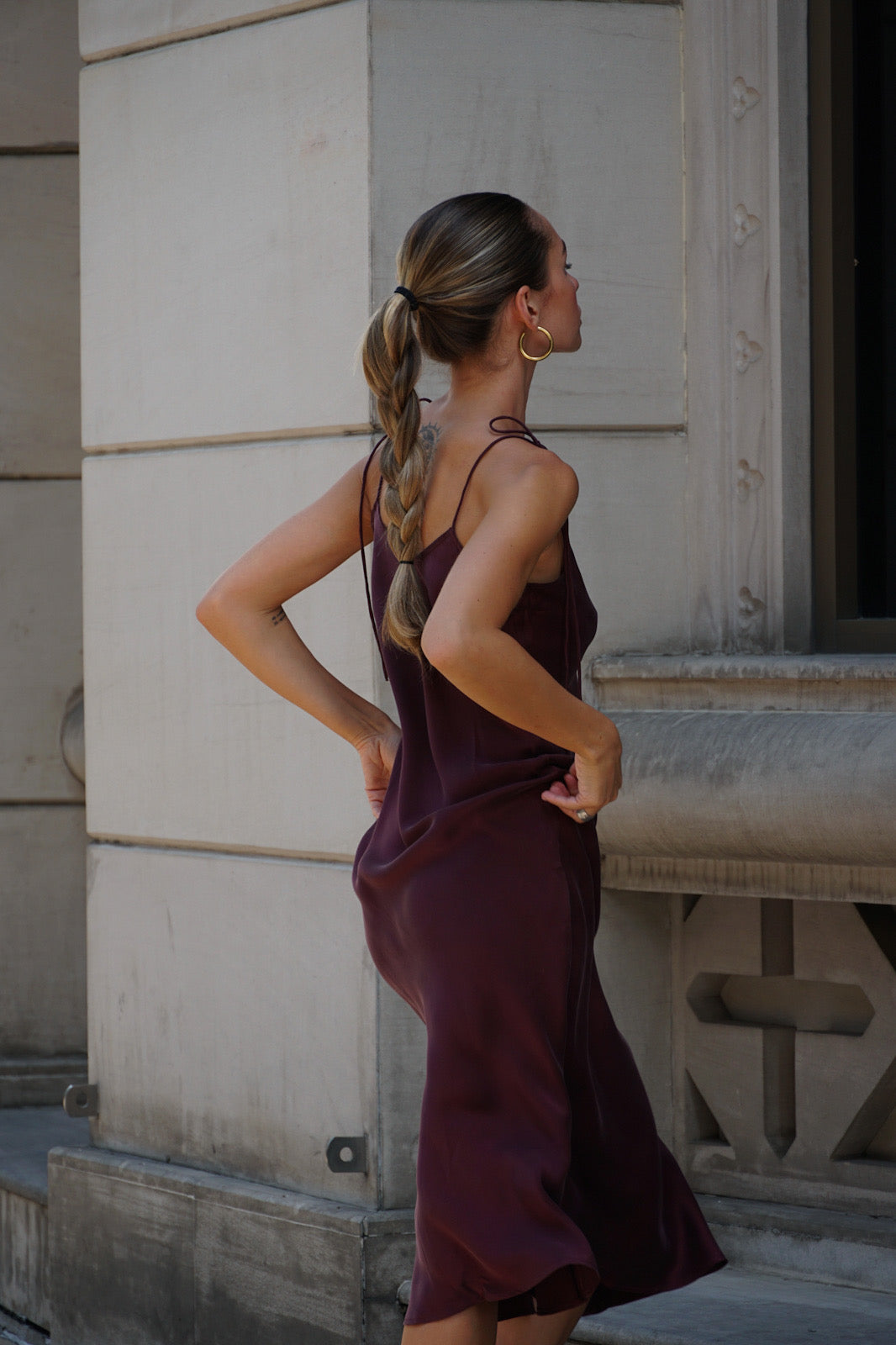 Burgundy 90S Tie Strip Long Dress