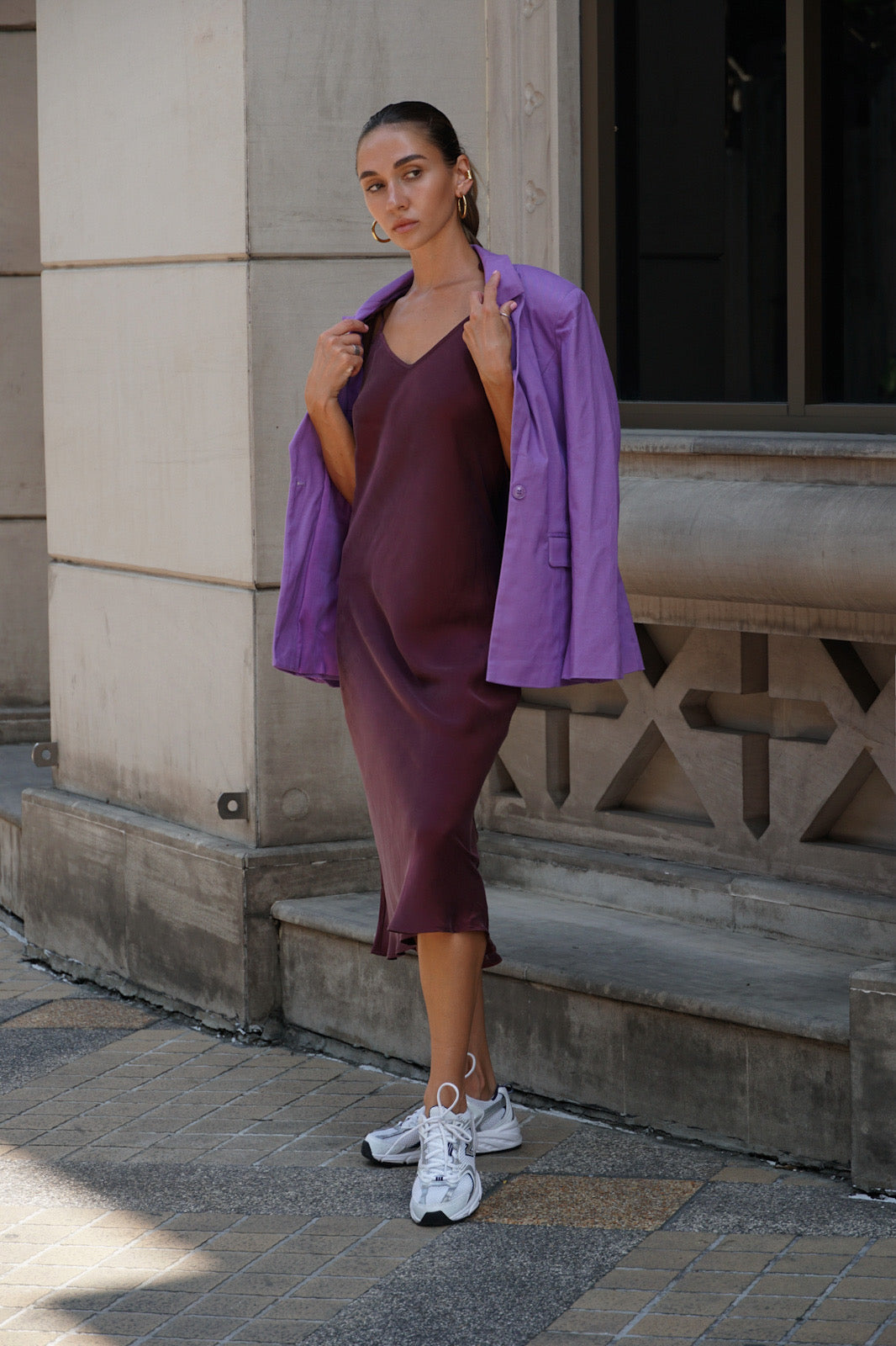 Burgundy 90S Tie Strip Long Dress