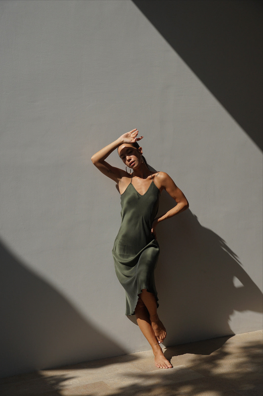 Olive Green 90S Tie Strip Long Dress